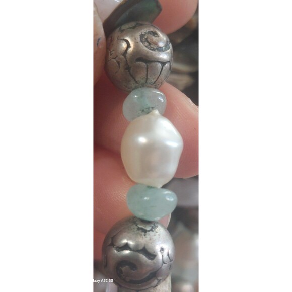 18" 3 strand vintage pearl and abalone with wood and silvertone bead necklace - Picture 7 of 12